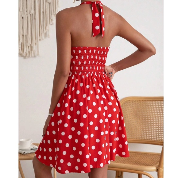 Polka Dot Shirred Stretchy Back Halter Mini Dress - Picture 2 of 7